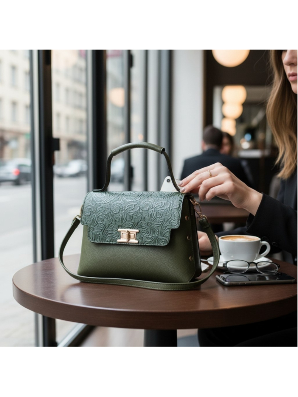 Forest Green Floral Studded Embossed Artisan LEATHER Purse Handbag Crossbody Bag - Picture 14 of 16